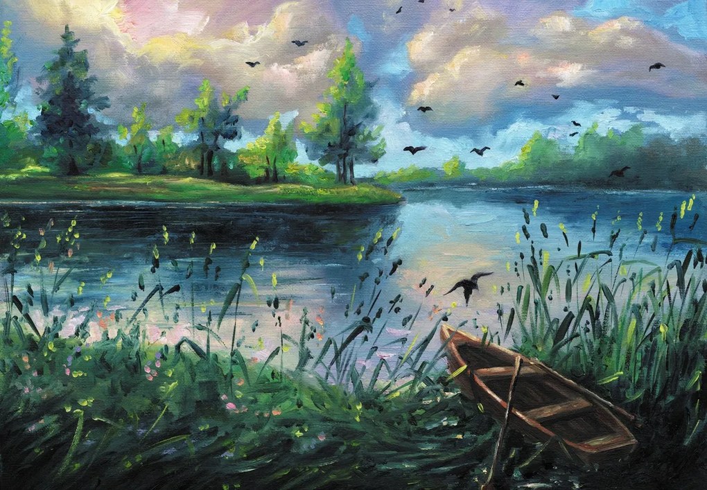 Fototapet - Pictur în ulei, Seara de vară pe malul lacului (147x102 cm)