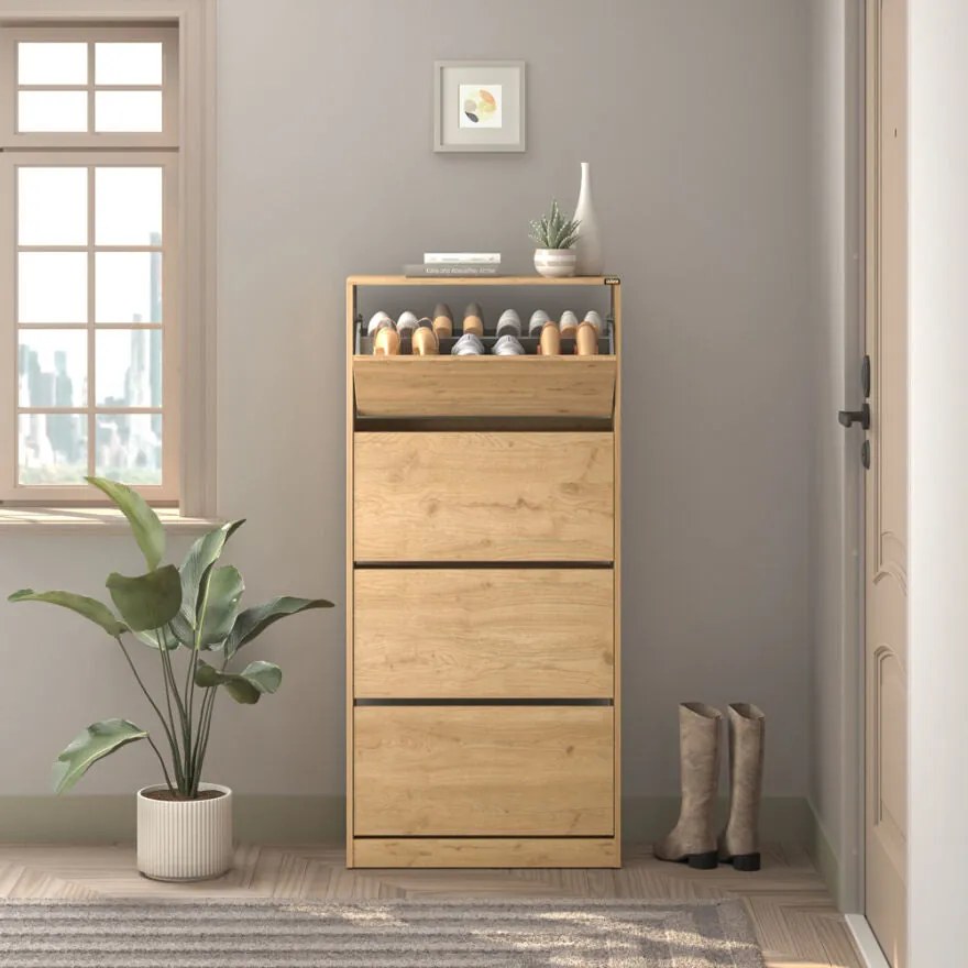 Dulap Pantofi Inalt Adore XL – Pantofar cu Adancime Slim (26 cm) pentru Hol, 4 Compartimente Rabatabile, Capacitate 24 Perechi