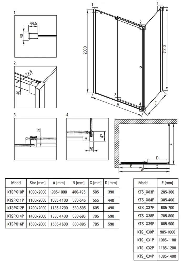 Usa sticla dus culisanta 100x200 cm profil negru Deante Kerria Plus 1000x2000 mm, Negru mat