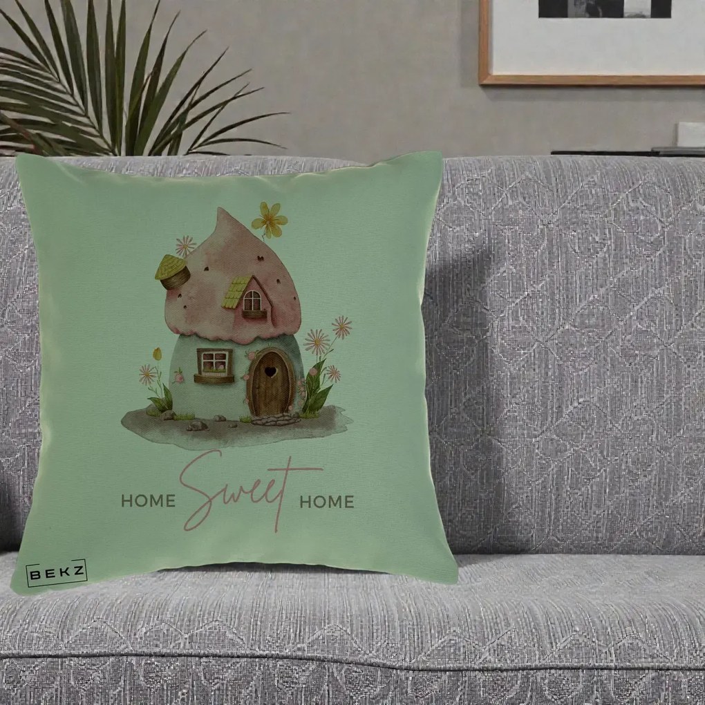 Perna Decorativa Home Sweet Home Casuta, 40x40 cm, Verde, Husa Detasabila, Perna Inclusa, BEKZ®