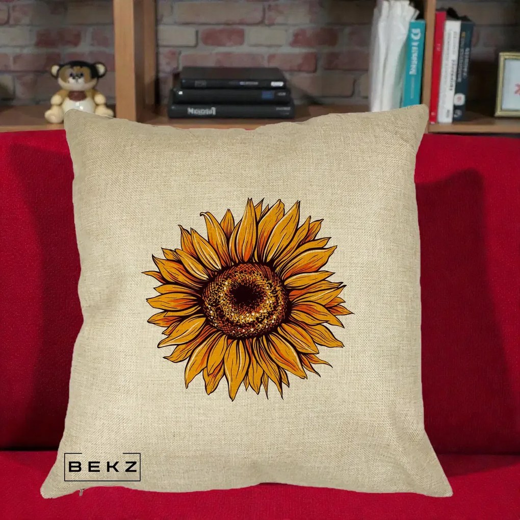 Perna Decorativa Floarea Soarelui Vibranta, 40x40 cm, Crem, Husa Detasabila, Perna Inclusa, BEKZ®