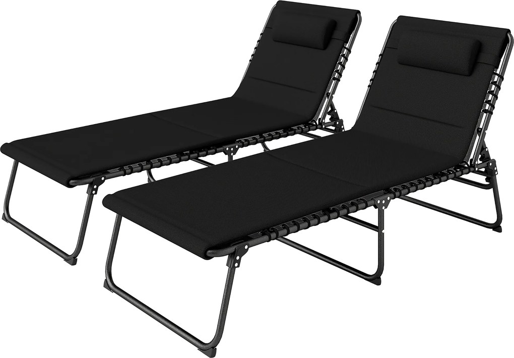 Outsunny Set de 2 șezlonguri pliante pentru grădină cu pernă, spătar reglabil în 5 poziții, buzunar lateral, Negru | Aosom Romania