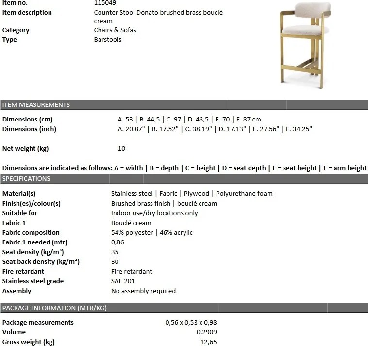 Scaun bar design LUX Donato Counter Stool, boucle crem 115049 HZ