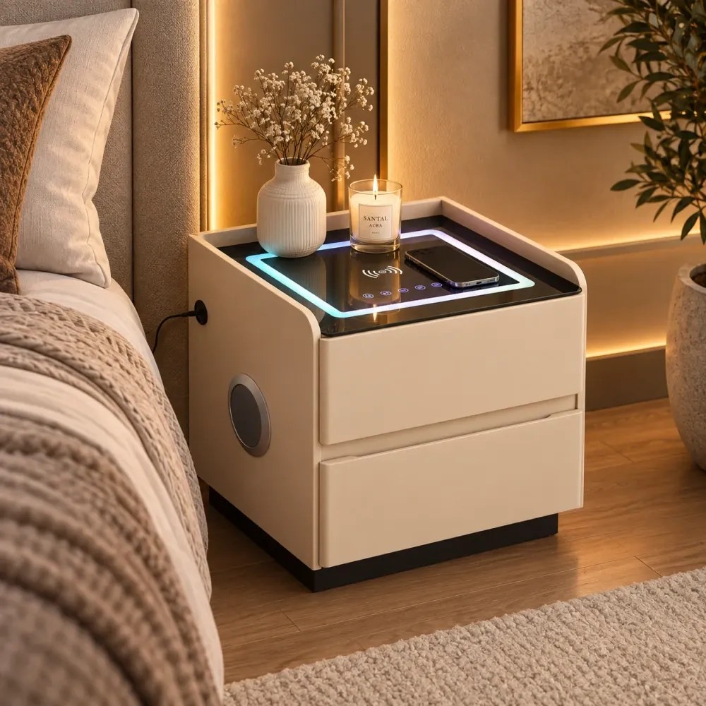 AVÉLIA — Noptieră inteligentă cu încărcare Wireless, Bluetooth Stereo, iluminare RGB, USB + Type-C, Bej