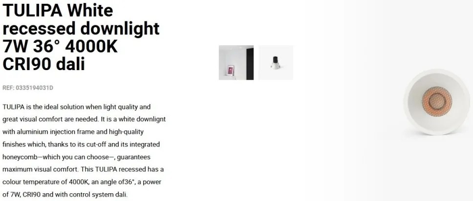 Spot LED incastrabil TULIPA White recessed downlight 7W 36° 4000K CRI90 dali