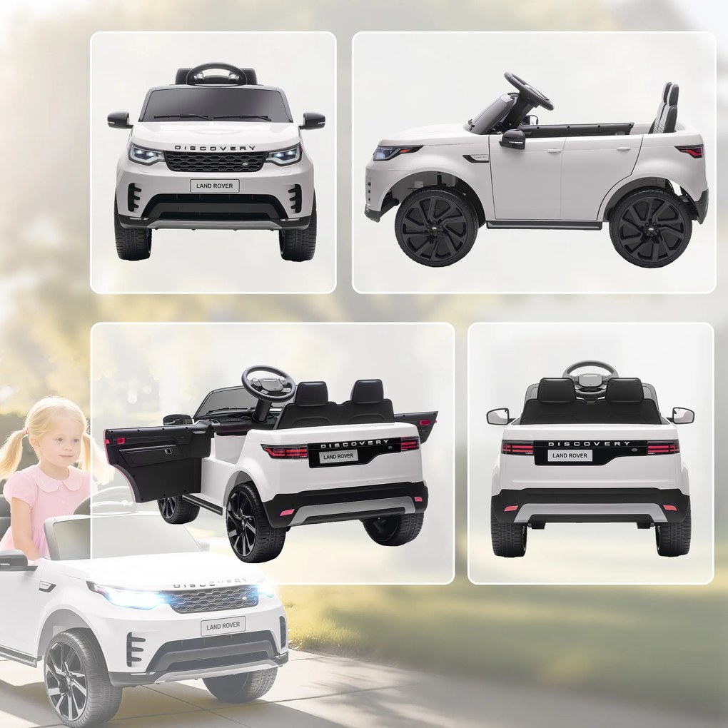 HOMCOM Mașinuță Electrică pentru Copii 3-6 Ani sub Licență Land Rover Discovery 12V, 2.5-4.5 km/h Auto Electrică pentru Copii cu 2 Motoare, Suspensii, Telecomandă, USB, Muzică, Faruri și Claxon, Alb | Aosom Romania