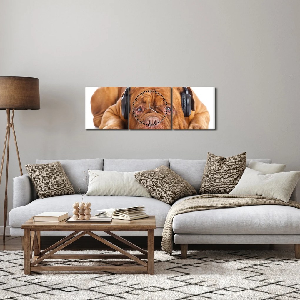 Tablou câinele cu căști (cu ceas) (90x30 cm)