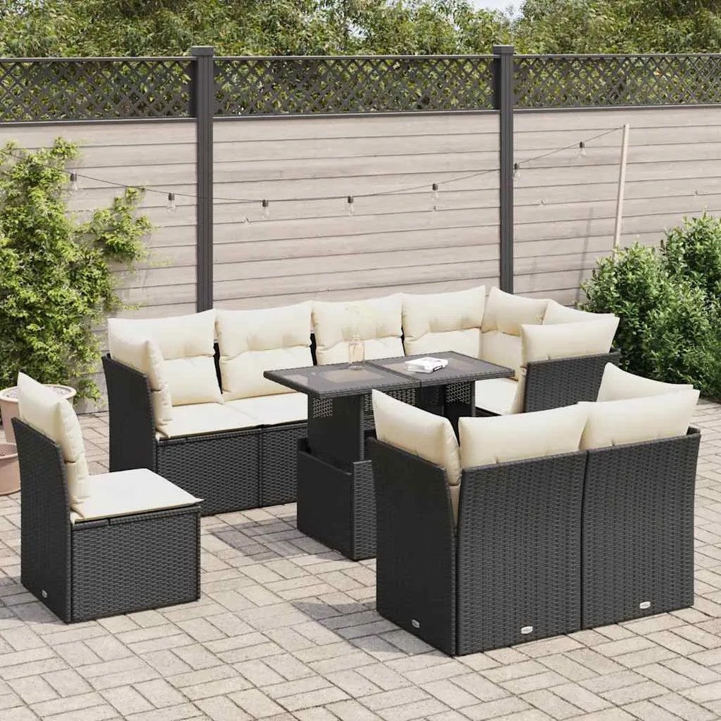 3326177 vidaXL Set mobilier de grădină cu perne, 9 piese, negru, poliratan