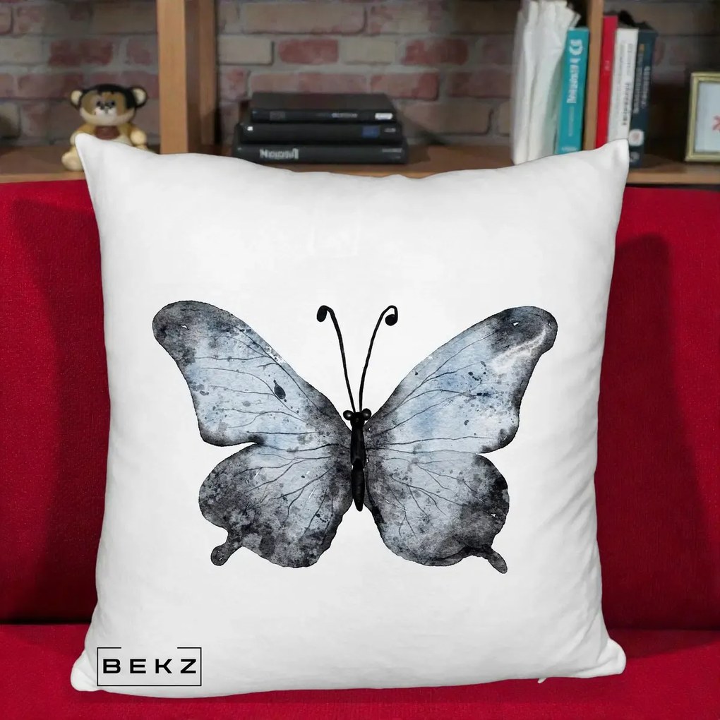 Perna Decorativa Fluture Acuarela Albastru-Gri, 40x40 cm, Alb Pufos, Husa Detasabila, Perna Inclusa, BEKZ®
