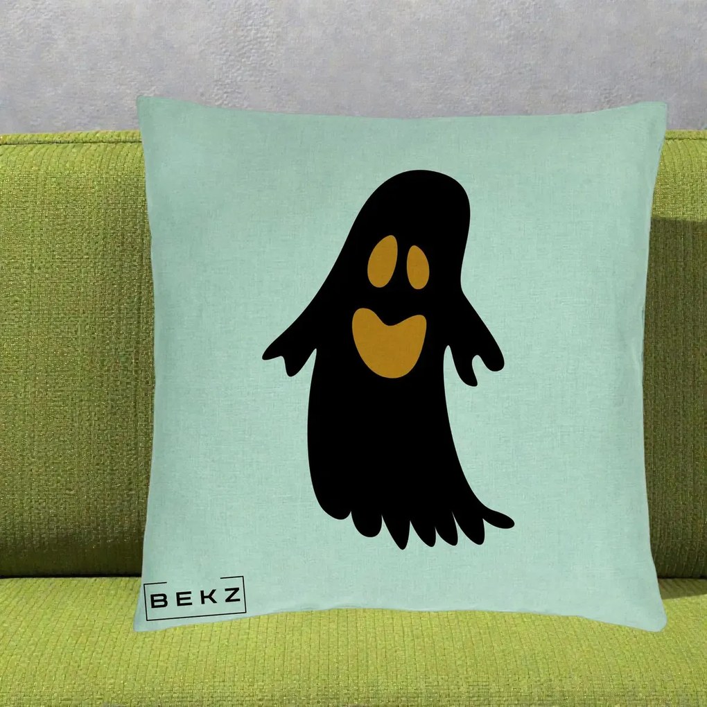Perna Decorativa Halloween Fantoma Neagra cu Ochi Portocalii, 40x40 cm, Verde Menta, Husa Detasabila, Perna Inclusa, BEKZ®