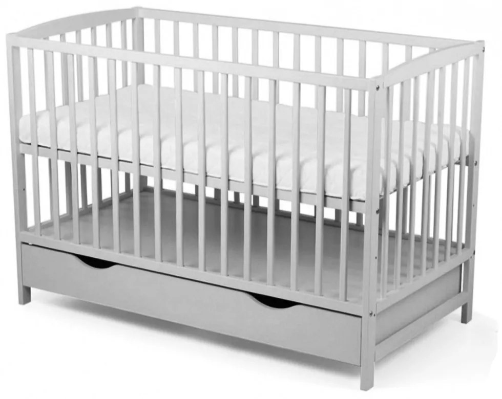 Patut din lemn bebe 120x60 cm Orella gri cu sertar pe sine si capac, 3 nivele de reglare pe inaltime