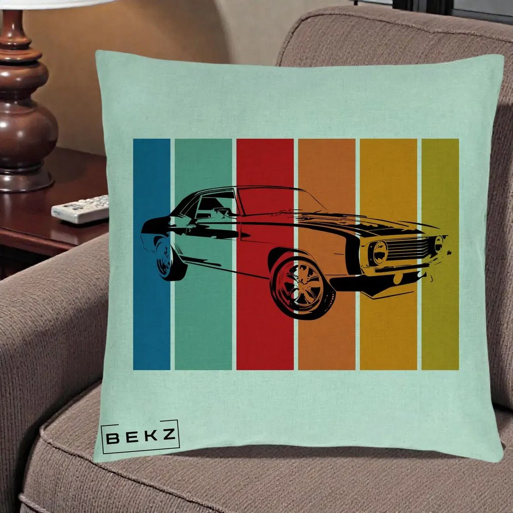 Perna Personalizata Masina Retro Muscle Car Grafic, 40x40 cm, Verde Menta, Husa Detasabila, Perna Inclusa, BEKZ®