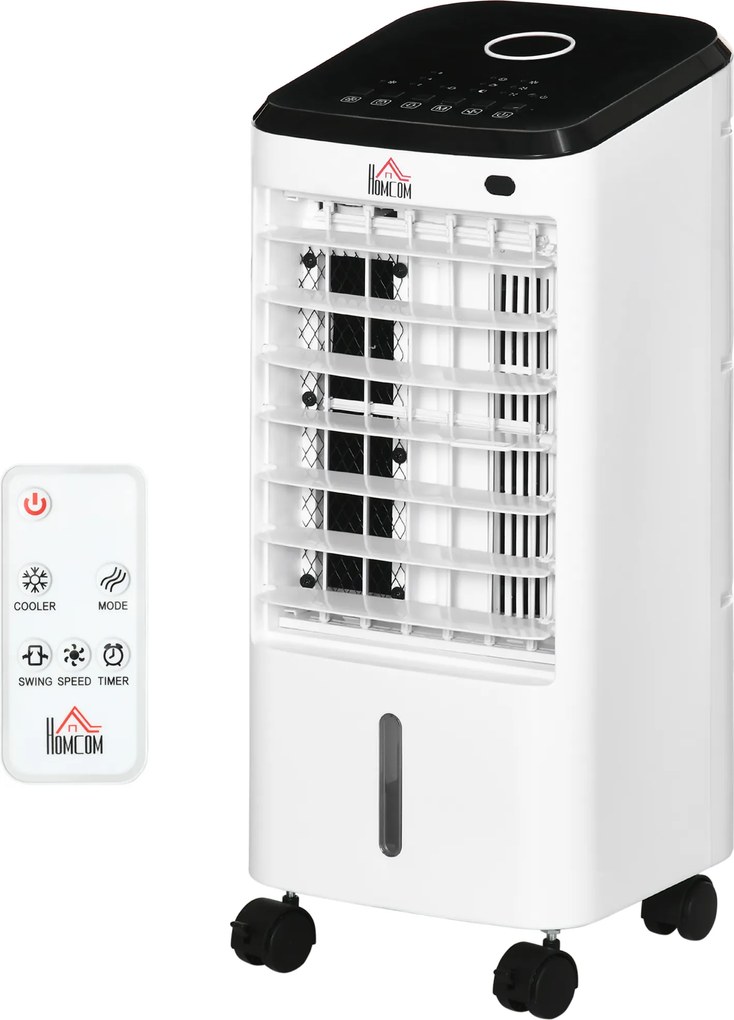 HOMCOM Răcitor de aer ventilator umidificator 3 în 1 pe roți telecomandă 3 moduri 3 viteze timer alb | Aosom Romania