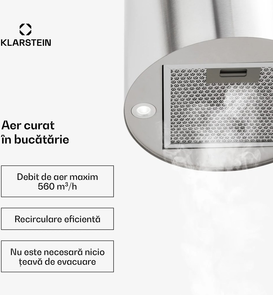 Klarstein Barett, hotă de aspirație, Ø 35 cm, convecție 522 m³/h, LED, filtru de carbon, oțel inoxidabil