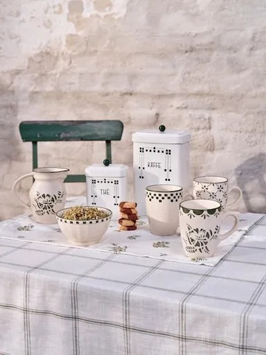 Cană din ceramică artizanală, natur, cu motive florale pictate manual verde și bordură decorativă, cu mâner, 10×10 cm, „Marion"