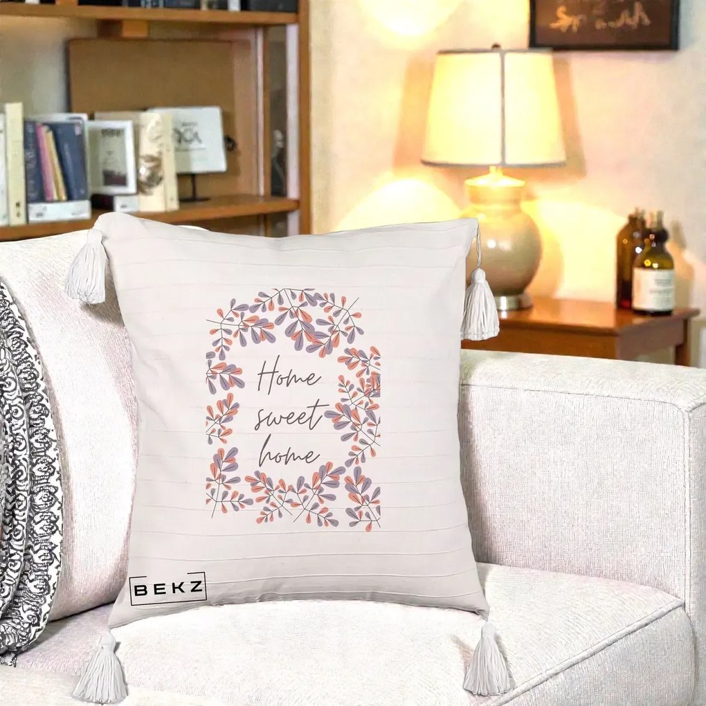Perna Decorativa Home Sweet Home Frunze Colorate, 40x40 cm, Bej cu Franjuri, Husa Detasabila, Perna Inclusa, BEKZ®