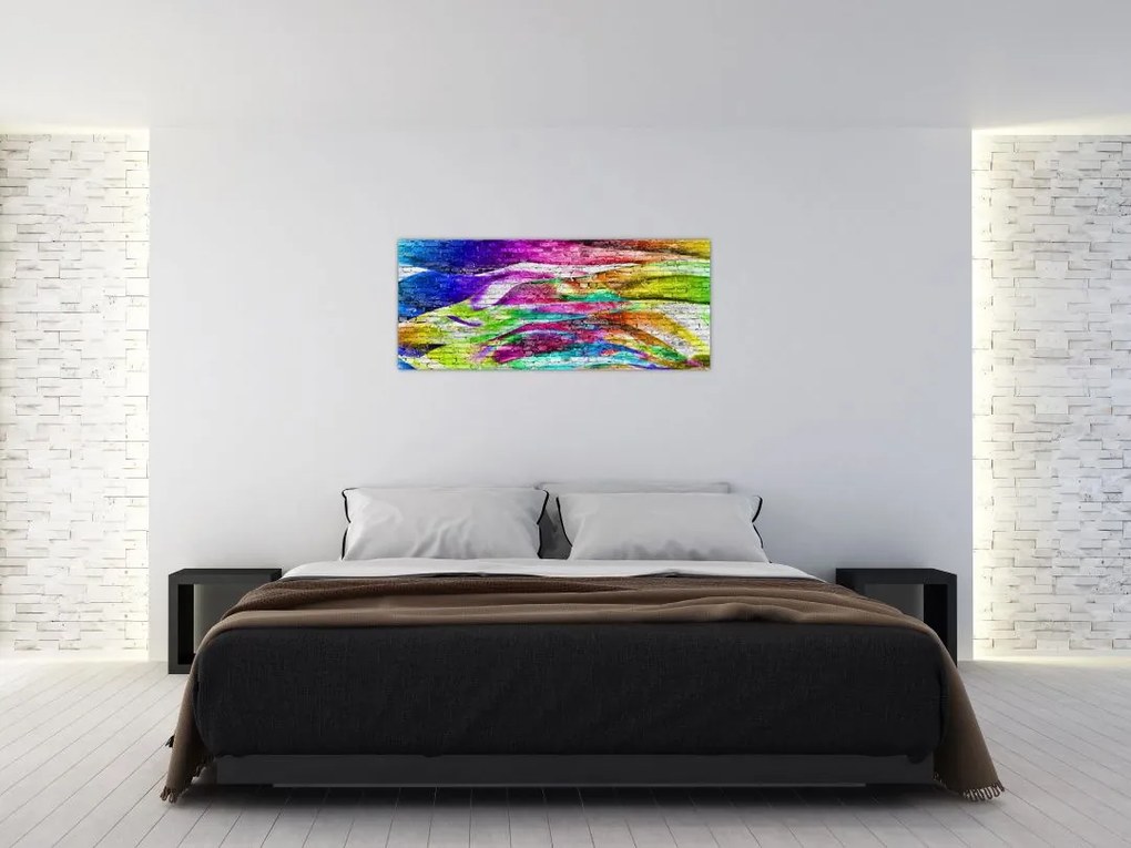 Tablou - Zid de cărămidă cu flăcări colorate (120x50 cm)