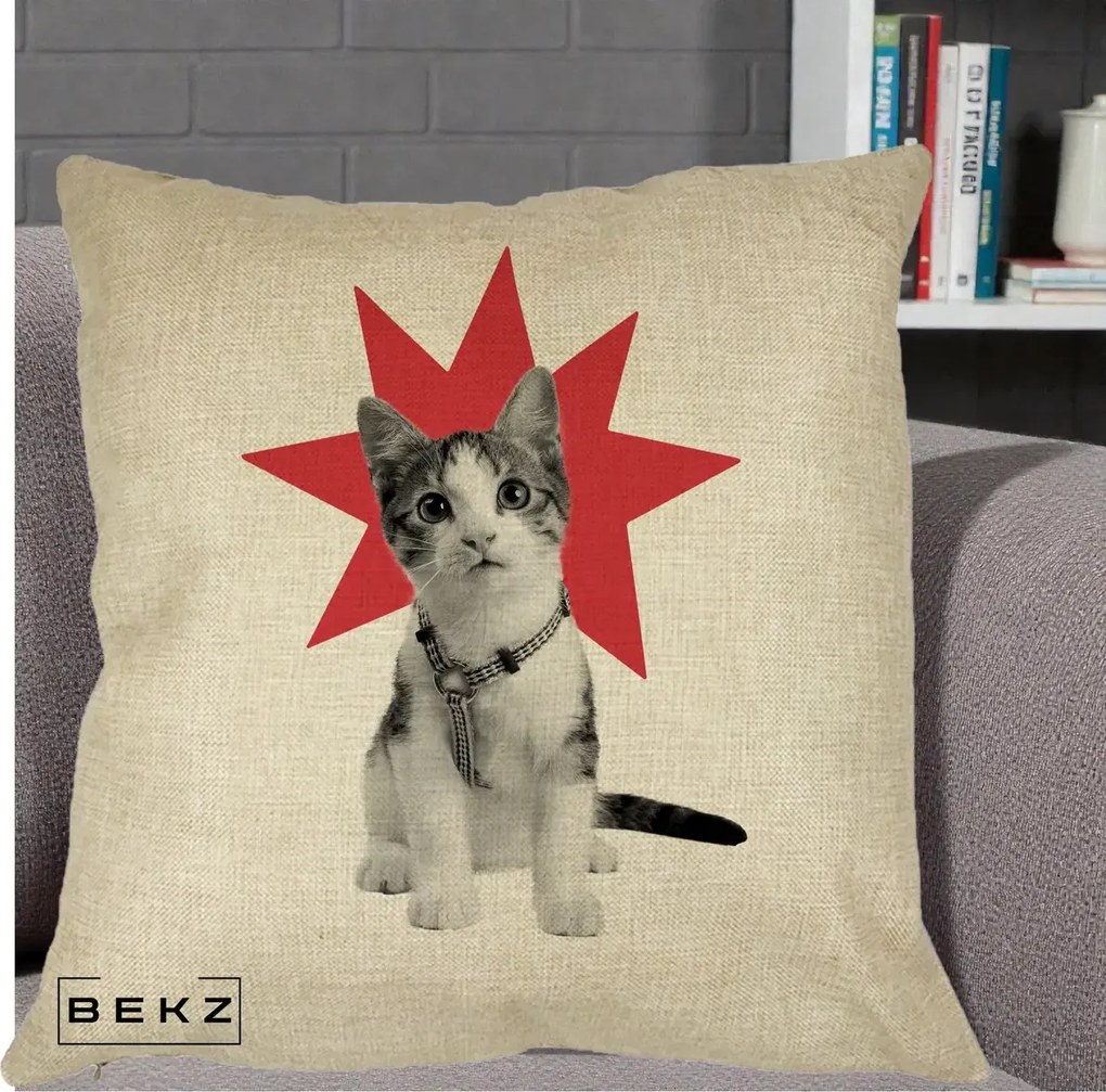 Perna Decorativa Pisica Star Pop Art, 40x40 cm, Crem, Husa Detasabila, Perna Inclusa, BEKZ®