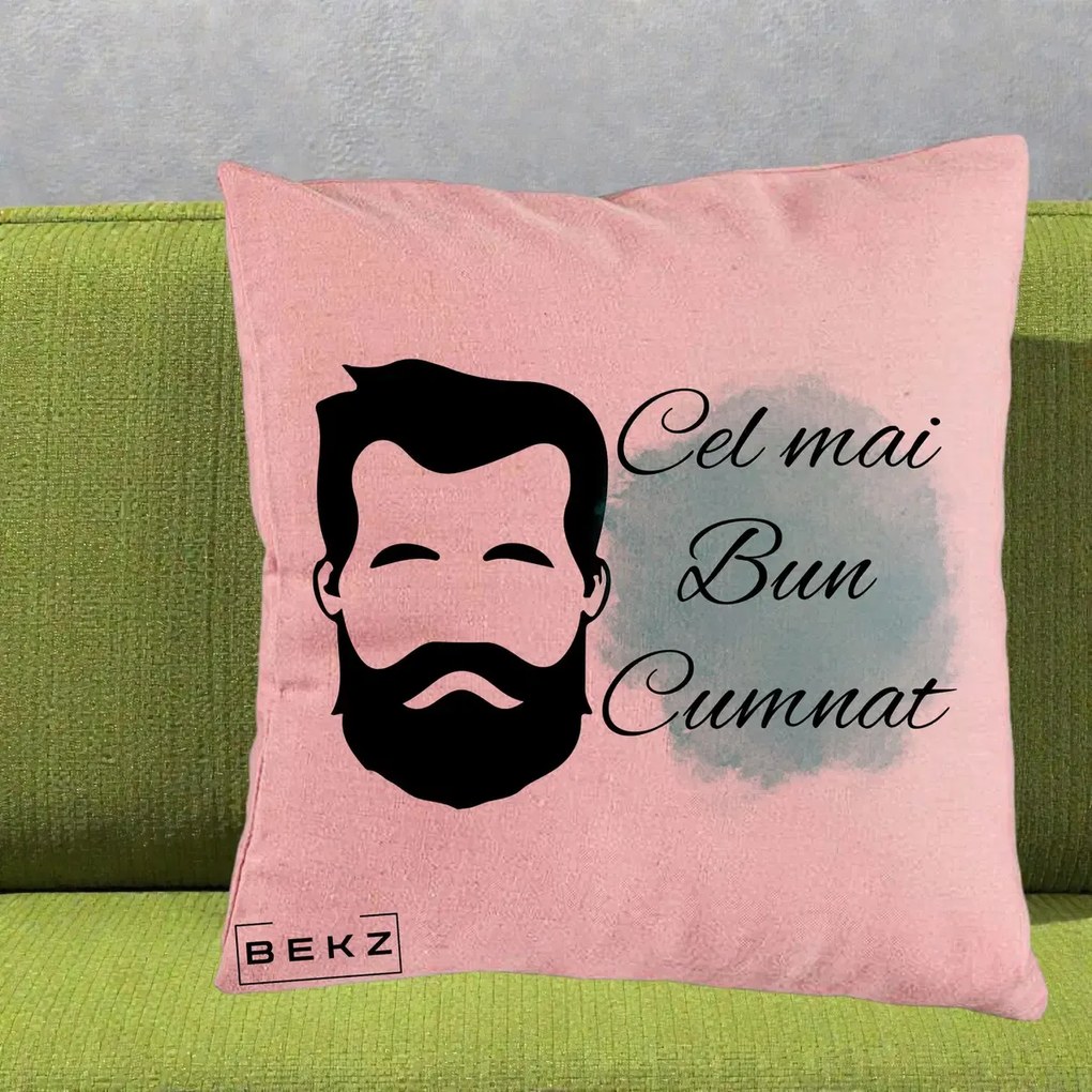 Cadou pentru Cumnat - Perna Personalizata Cel mai Bun Cumnat cu Portret Barbat si Pete Teal, 40x40 cm, Roz, Husa Detasabila, Perna Inclusa, BEKZ®