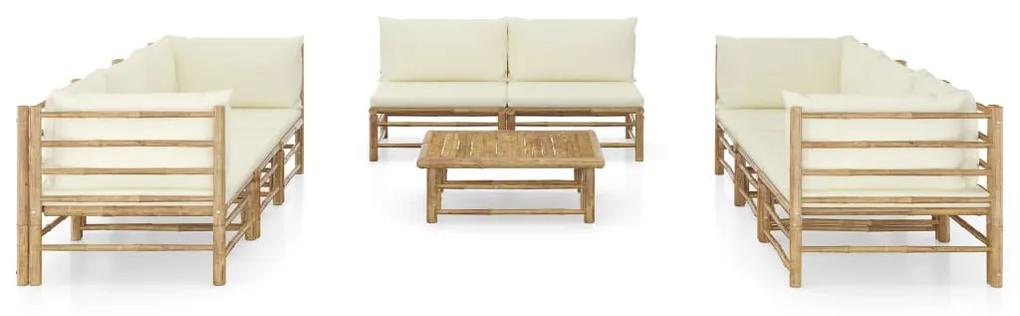 Set mobilier de gradina cu perne alb crem, 9 piese, bambus Crem, 4x colt + 4x mijloc + masa, 1