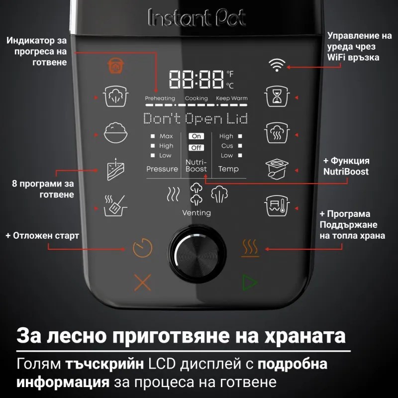 Multicooker Instant Pot Pro Max 112-0001-01-EU, 1200 W, 5,7 l, 105 kPa, 10 programe, Nutriboost, WiFi, ecran LCD, oțel inoxidabil, alb/mat