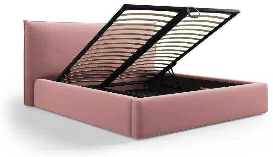 Pat matrimonial roz tapițat cu spațiu de depozitare cu somieră 160x200 cm Elio – Milo Casa