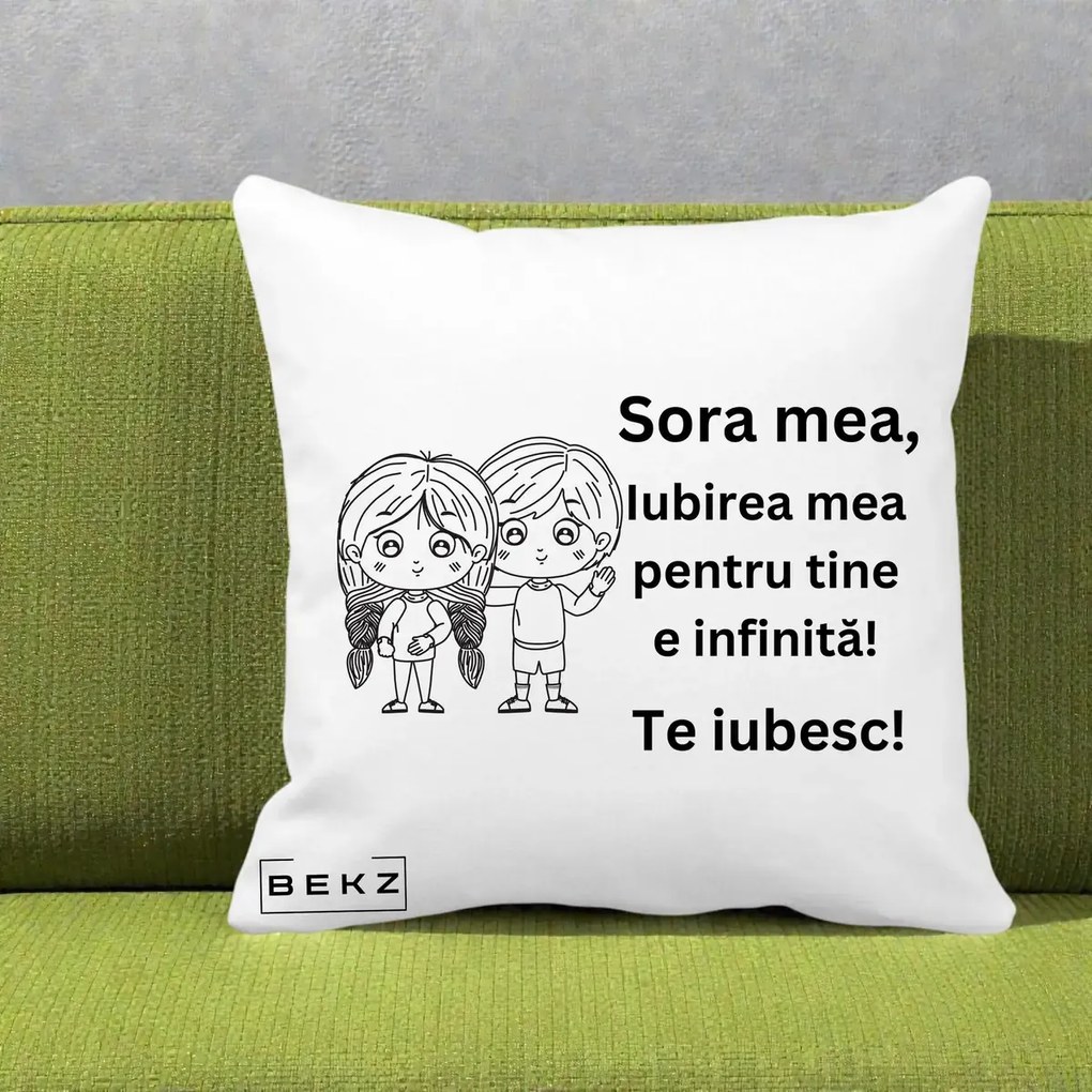 Cadou pentru Sora - Perna Personalizata Sora Mea Te Iubesc Copii Anime Line Art, 40x40 cm, Alba Mata, Husa Detasabila, Perna Inclusa, BEKZ®