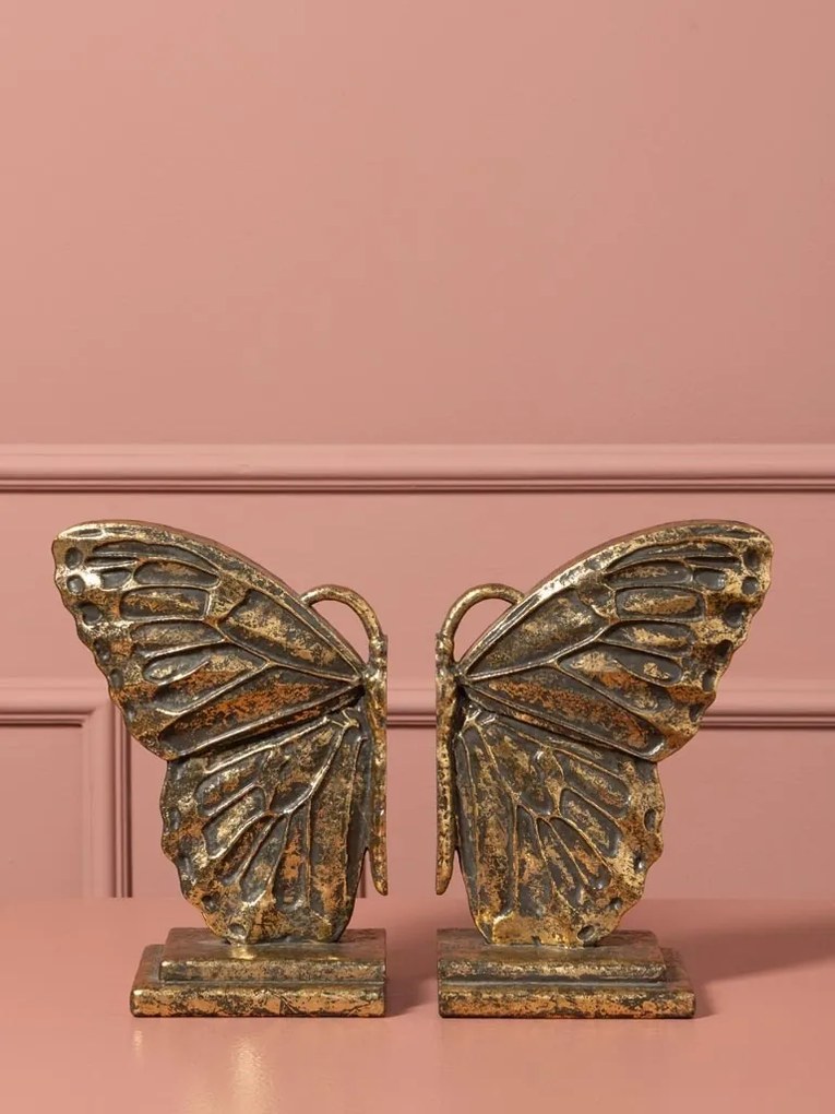 Set 2 suporturi pentru cărți din rășină, auriu, model aripi de fluture cu desen în relief și margine perlată, bază în trepte, finisaj patinat, 20,5 x