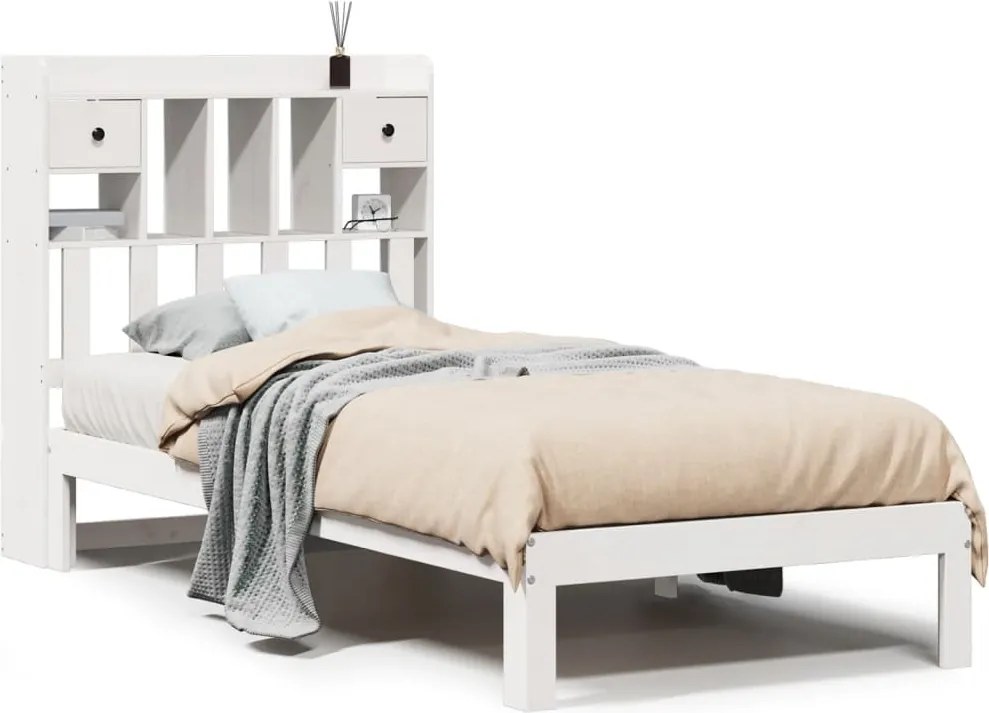 vidaXL Pat cu bibliotecă fără saltea, alb, 90x190 cm, lemn masiv pin