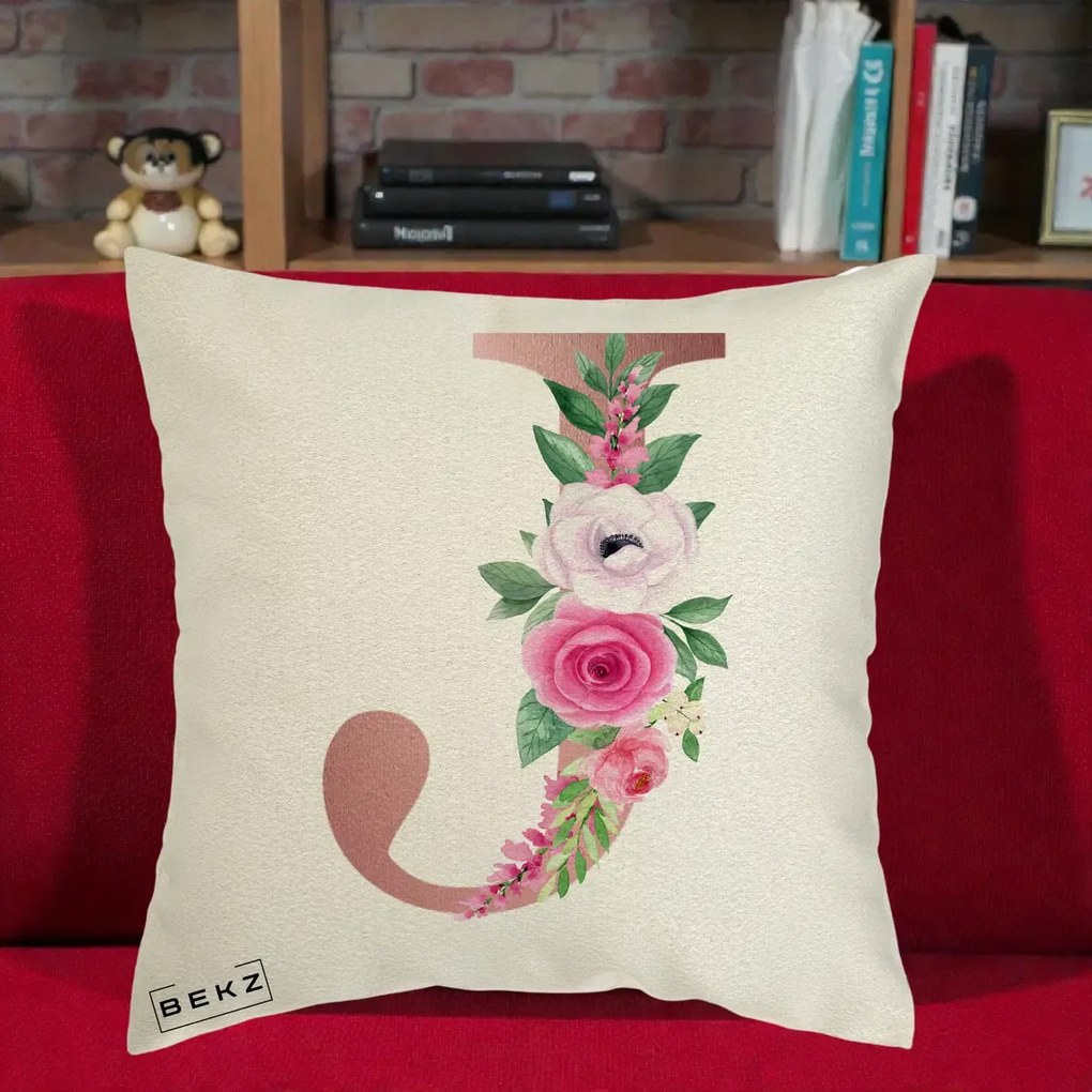 Cadou Personalizat - Perna Personalizata Monograma Rose Gold Litera J, 40x40 cm, Ecru, Husa Detasabila, Perna Inclusa, BEKZ®