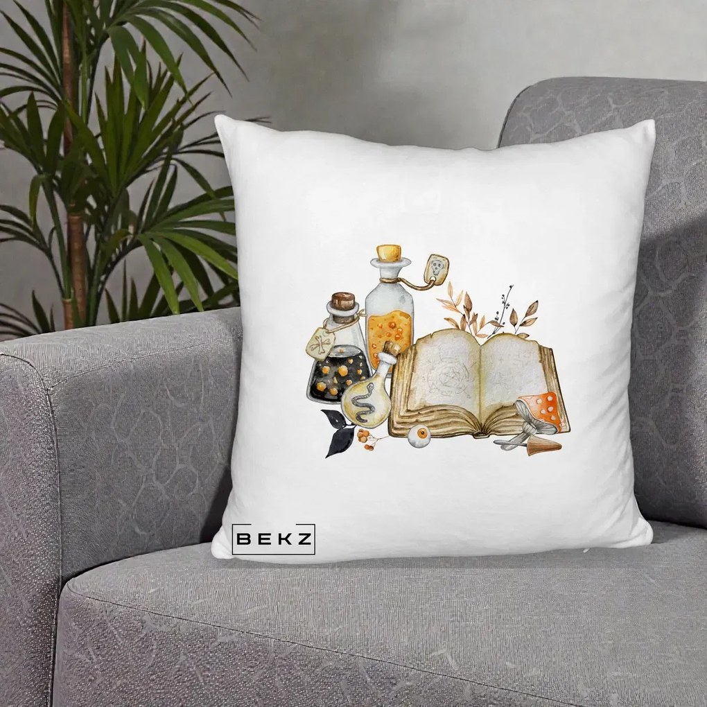 Perna Decorativa Grimoire Vrajitoare si Filtre Magice Halloween, 40x40 cm, Alb Pufos, Husa Detasabila, Perna Inclusa, BEKZ®