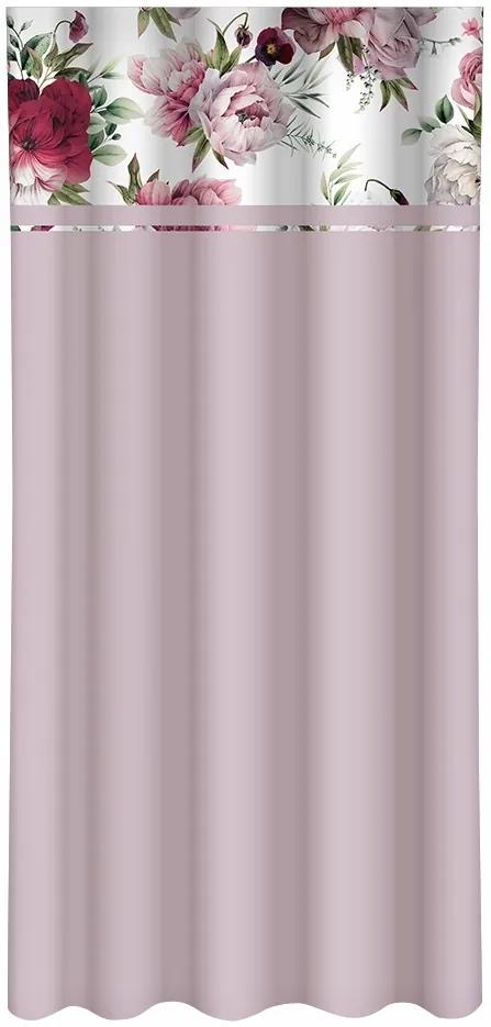 Draperie purpurie ușoară simplă cu imprimare de bujori roz și burgundia Lățime: 160 cm | Lungime: 250 cm