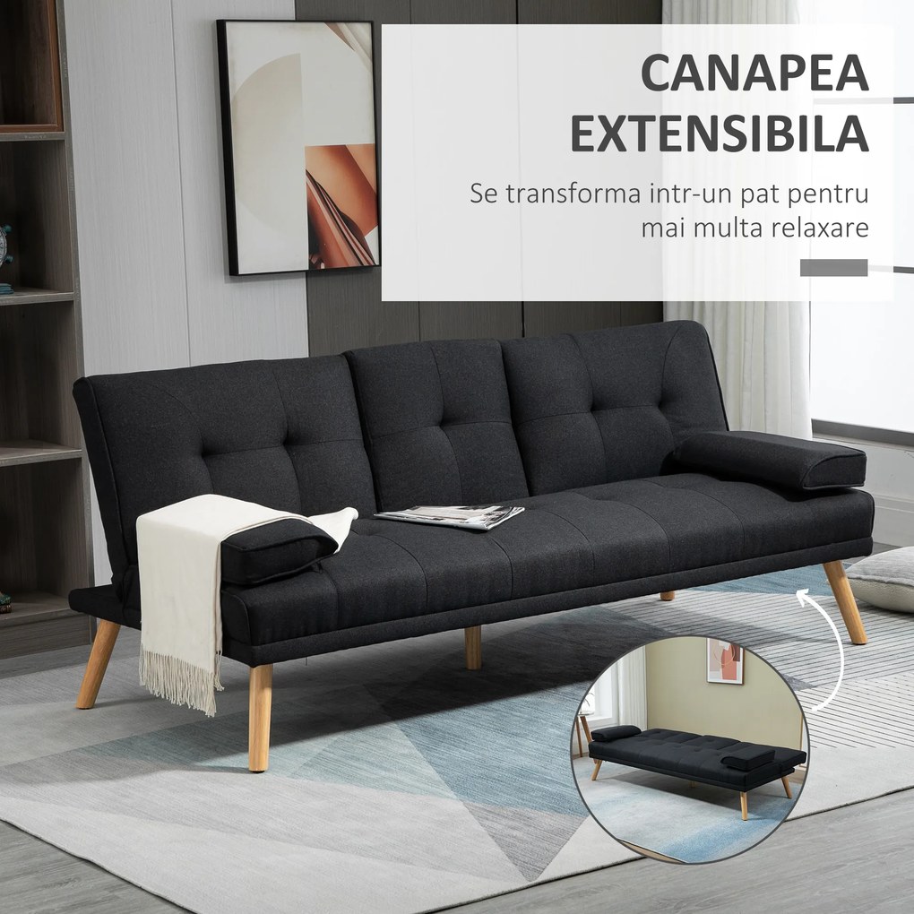 HOMCOM Canapea Extensibilă cu 3 Locuri, 2 Brațe Detașabile și Suport pentru Pahare, 181x77x78 cm, Gri antracit | Aosom Romania
