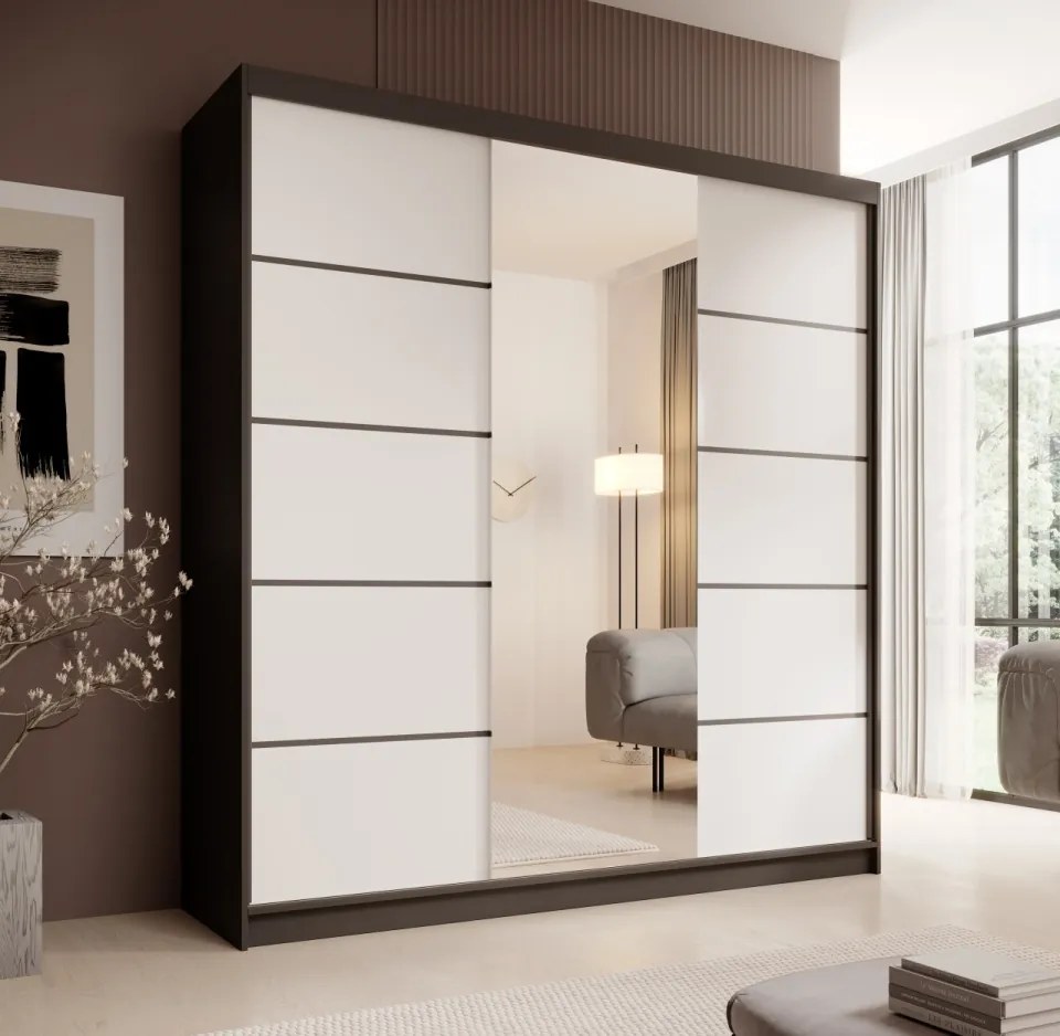 Dulap cu usi glisante si oglinda, 200x58x215 cm, Sonic 200, ADRK Furniture (Culoare: Negru / Alb)