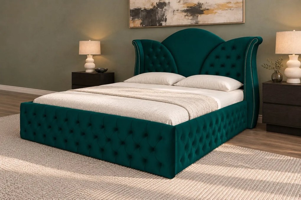 Pat tapițat Chesterfield din catifea Velora Deluxe Classic 140×200 cm, verde, cu ladă de depozitare