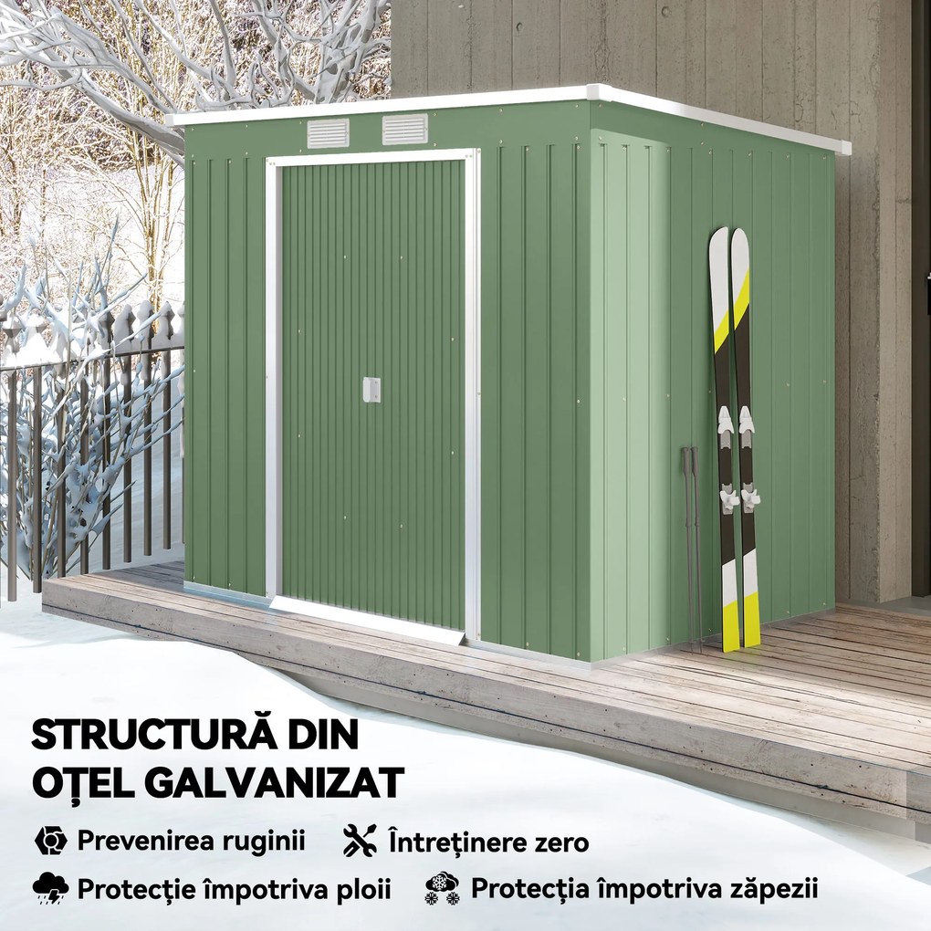 Outsunny Casuta de gradina din otel cu acoperis inclinat, usa glisanta dubla si orificii de aerisire, 213x130x173 cm | Aosom Romania