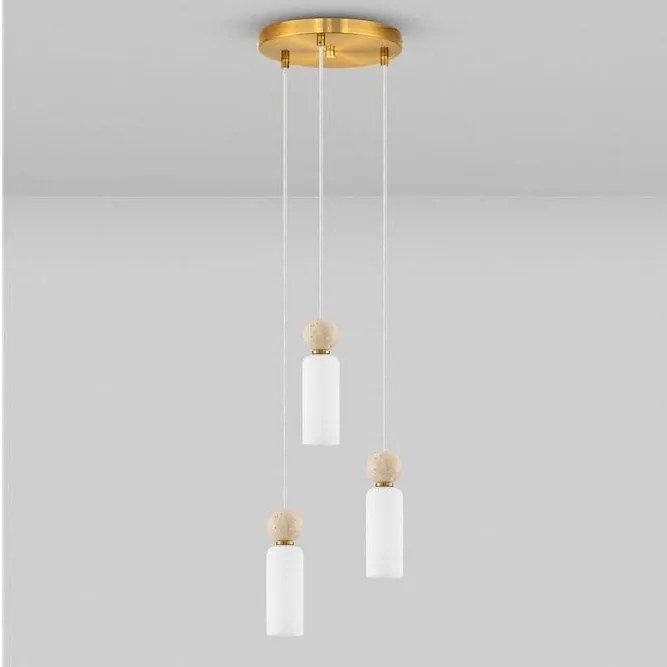 Lustra cu 3 pendule, Metal, Auriu, Travertin, Sticla, FILOMENA