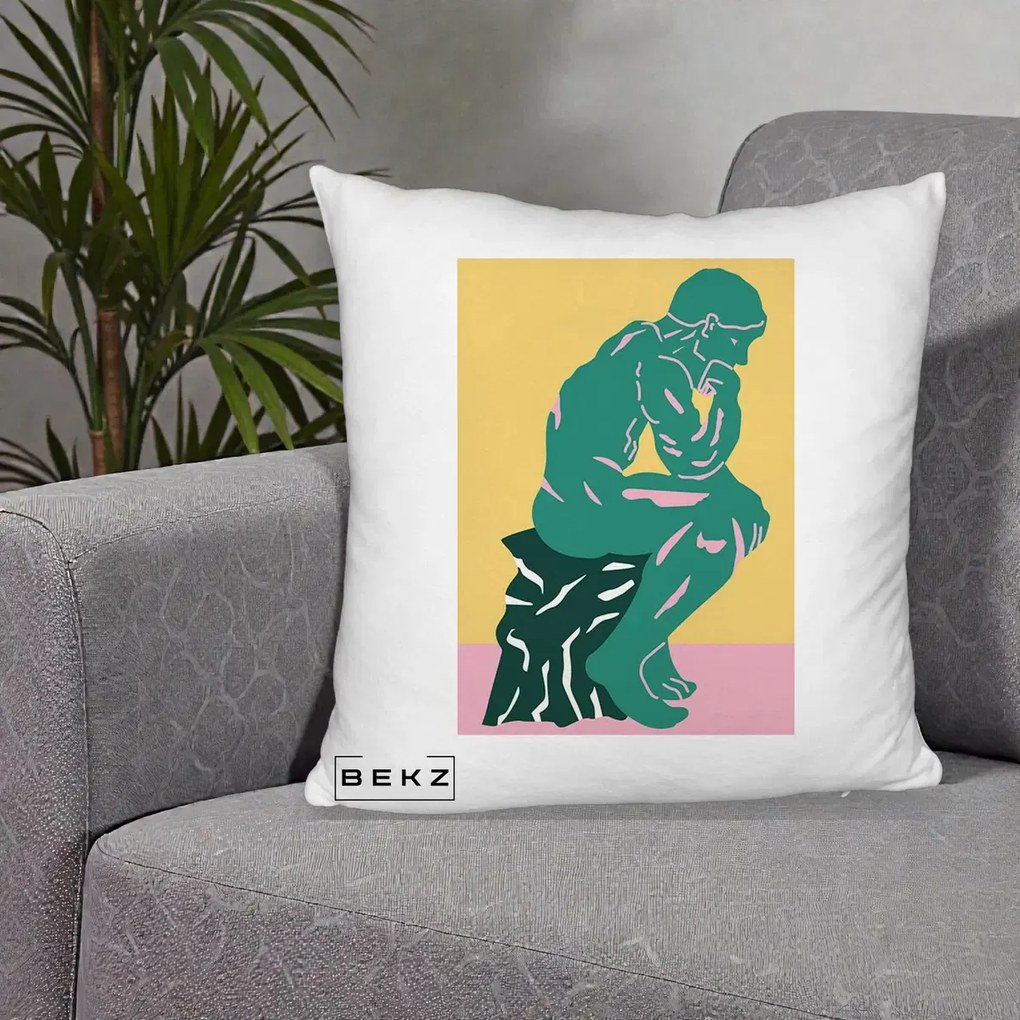 Perna Decorativa Ganditorul Sculptura Pop Art, 40x40 cm, Alb Pufos, Husa Detasabila, Perna Inclusa, BEKZ®