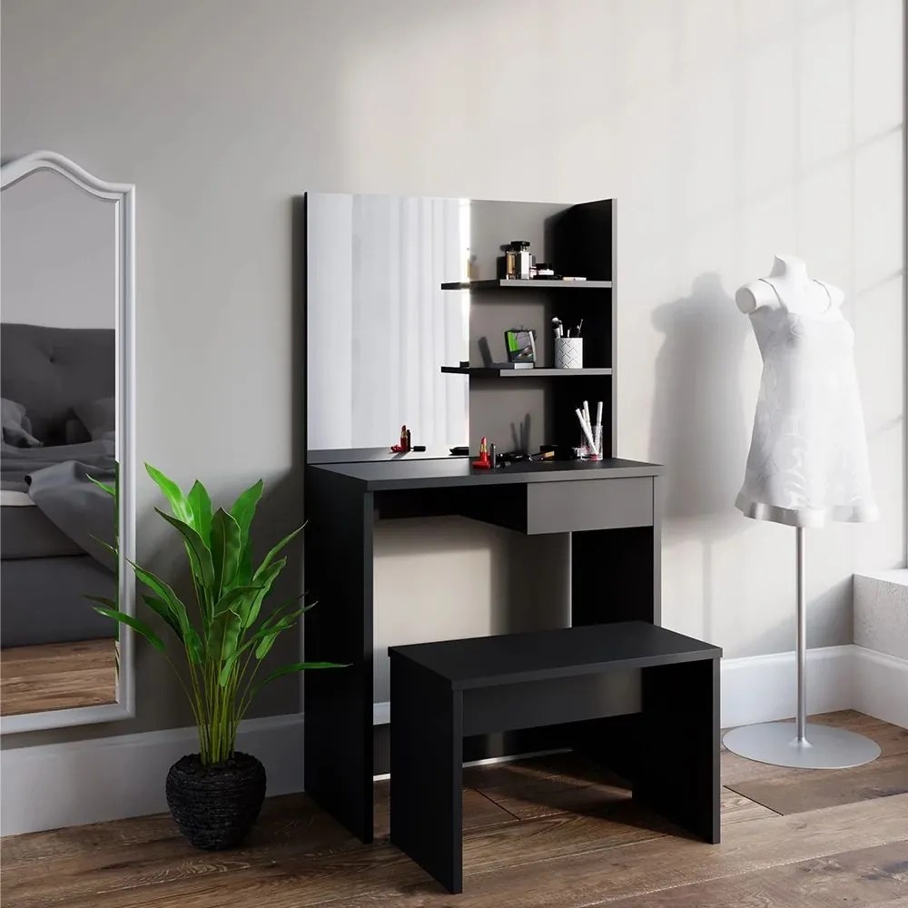 SEN224 - Set Masa toaleta, 75 cm, cosmetica machiaj oglinda masuta vanity, cu sau fara LED, cu sau fara scaun - Negru