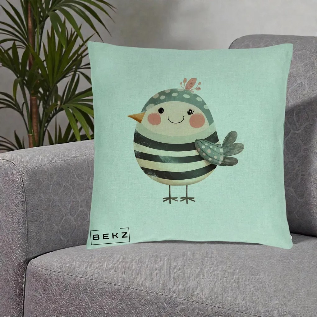 Perna Decorativa Pui Kawaii Teal cu Flori, 40x40 cm, Verde Menta, Husa Detasabila, Perna Inclusa, BEKZ®
