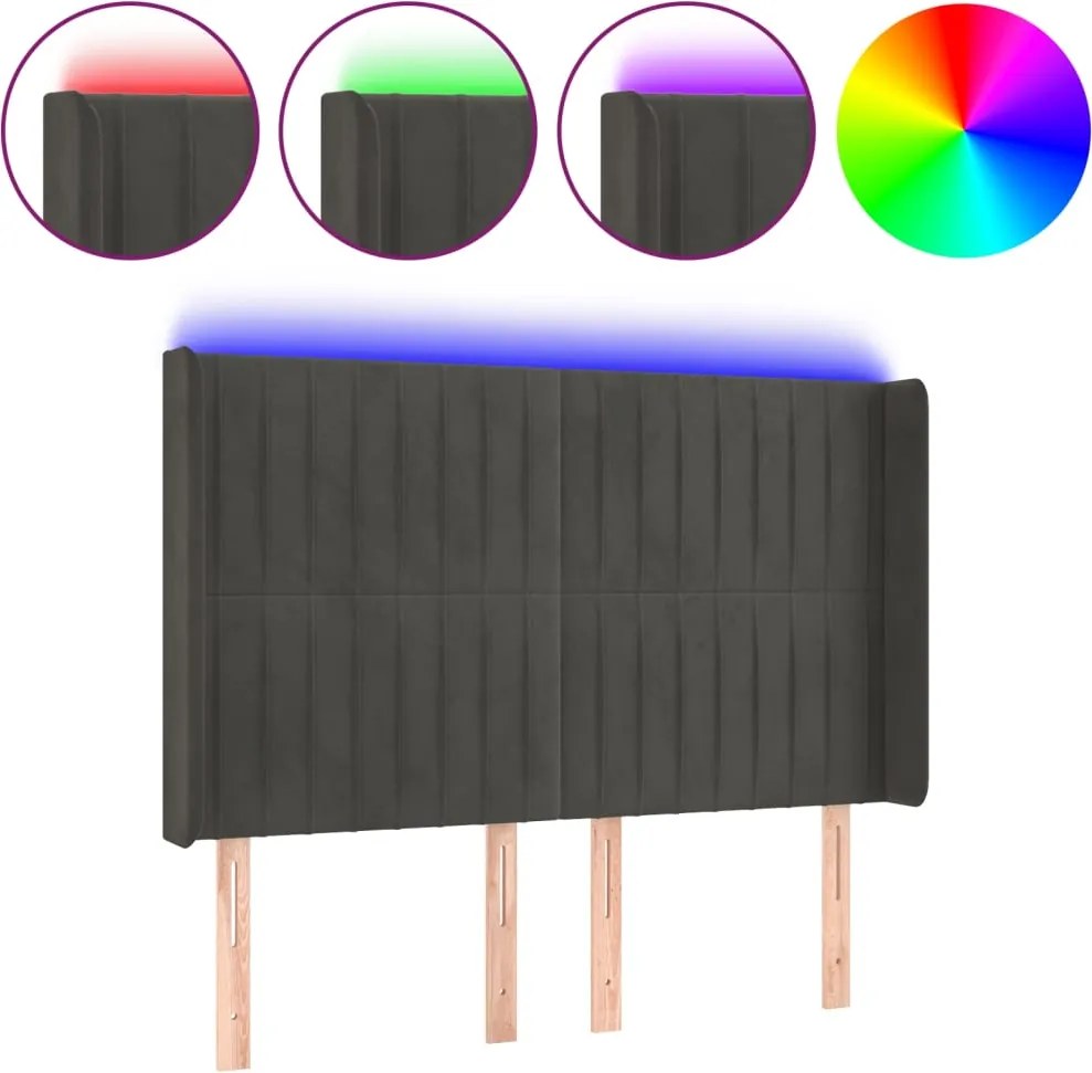 vidaXL Tăblie de pat cu LED, gri închis, 147x16x118/128 cm, catifea