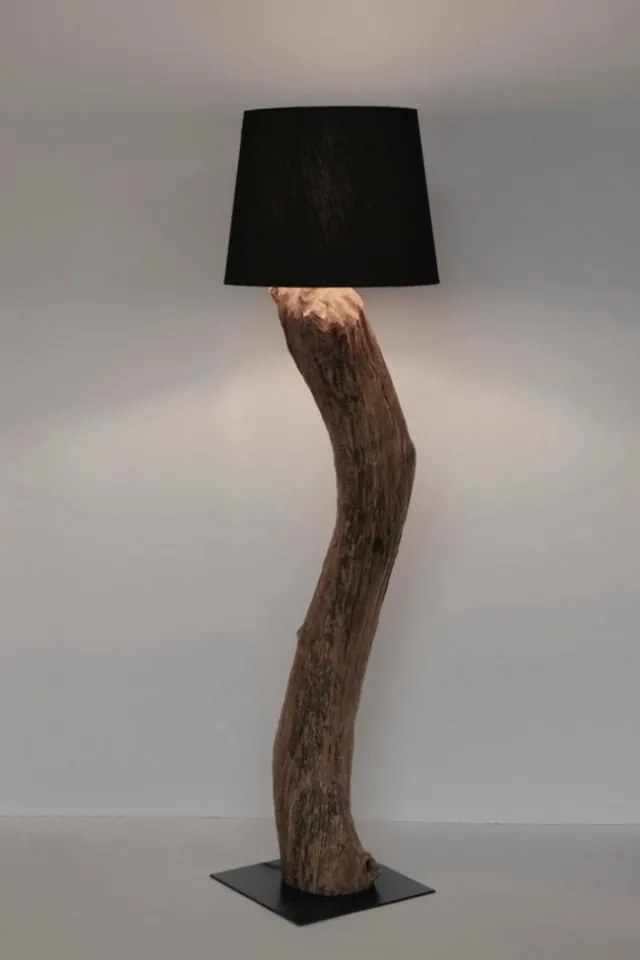Lampadar negru din lemn de teak si bumbac, E27 60W, Kleta Bizzotto