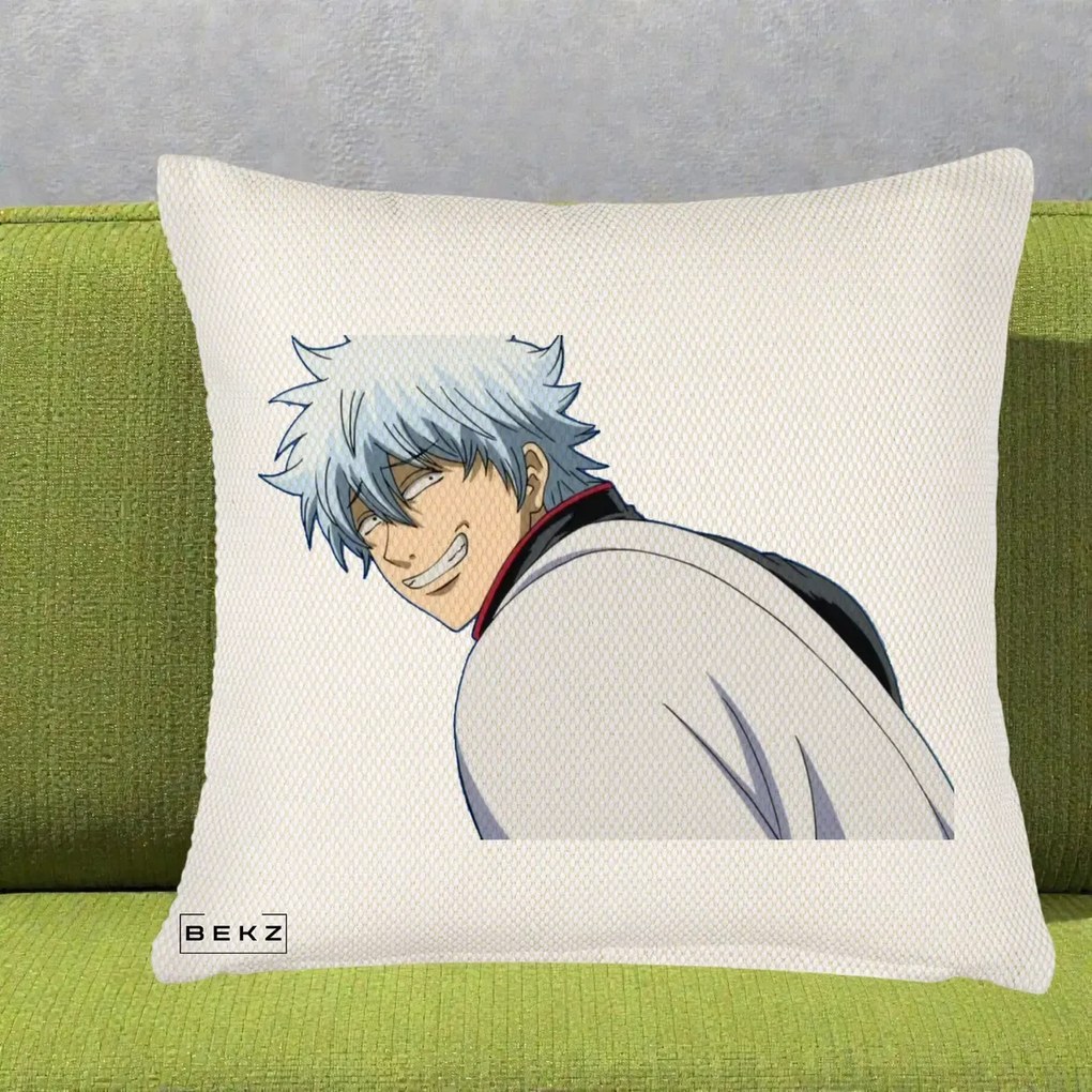 Perna Personalizata Gintama Gintoki Portret cu Zambet, 40x40 cm, Crem Reliefat, Husa Detasabila, Perna Inclusa, BEKZ®
