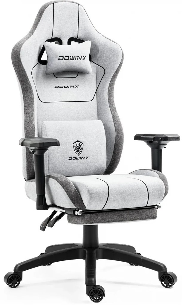 DOWINX Scaun gaming, ergonomic, suport lombar cu masaj, Șezut cu Arcuri Metalice și Spumă, Cotiere 4D, Spătar rabatabil 90°-135°, Suport picioare, rezistent 150 kg, material textil, Gri