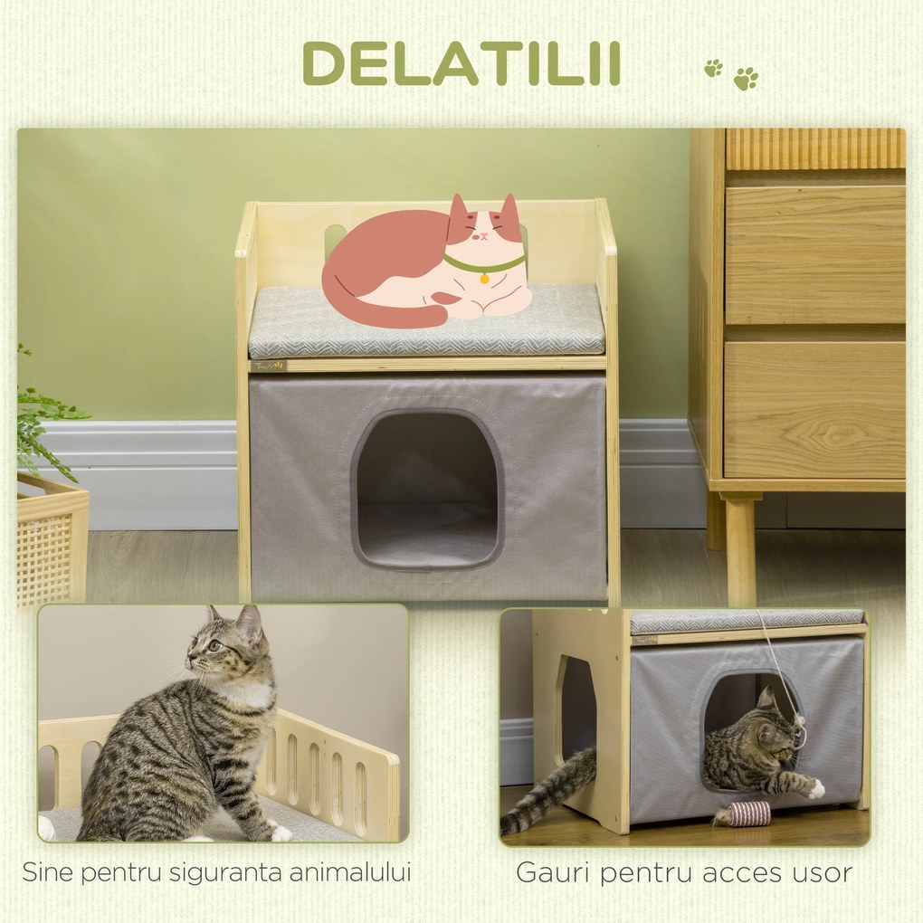PawHut Casa pentru pisici cu 2 niveluri, cu perne detasabile si sine de siguranta, 48x38x47 cm, lemn, alb si gri | Aosom RO