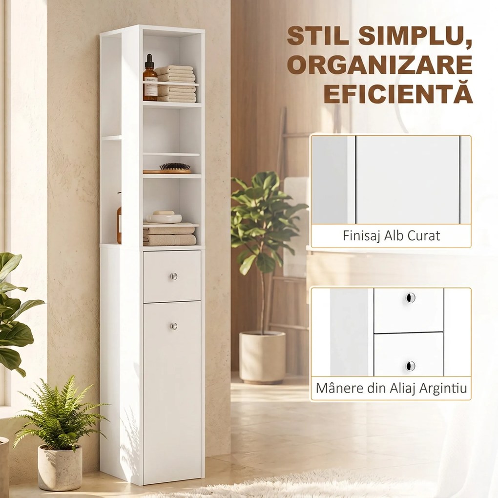 HOMCOM Dulap de Baie Înalt și Îngust cu 2 Sertare, 135 cm, Alb | Aosom Romania