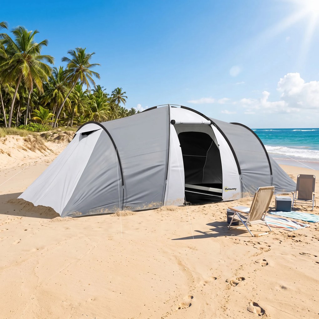 Outsunny Cort Camping 4-5 Persoane 2 Camere Familie Impermeabil Baldachin 590x245x193cm Gri | Aosom Romania