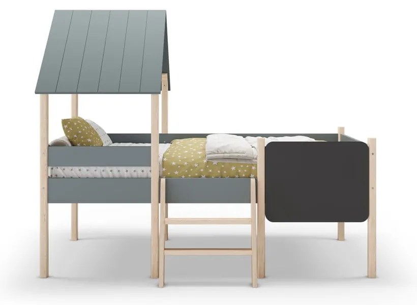 Pat pentru copii verde prăfuit de tip casă/înalt din lemn de pin cu somieră 90x190 cm Mint – Marckeric