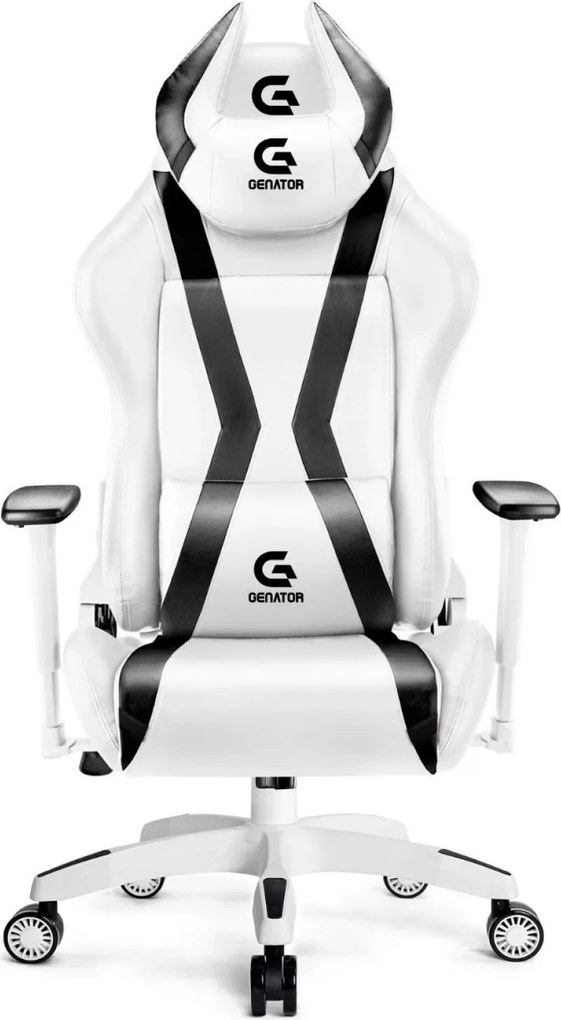 RESIGILAT- Scaun gaming, ergonomic, masaj pernă lombară, brațe reglabile 2D, piele PU, roți silențioase, rezistent 150 KG, Alb/Negru
