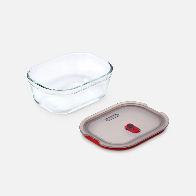 Set de 4 cutii pentru alimente Black+Blum Stack+Nest FBGR-BX-PACK4, 0,38/0,6/0,9/1,2 l, Dreptunghiulare, Potrivite pentru microunde, Fara BPA, Otel inoxidabil, Gri/Rosu
